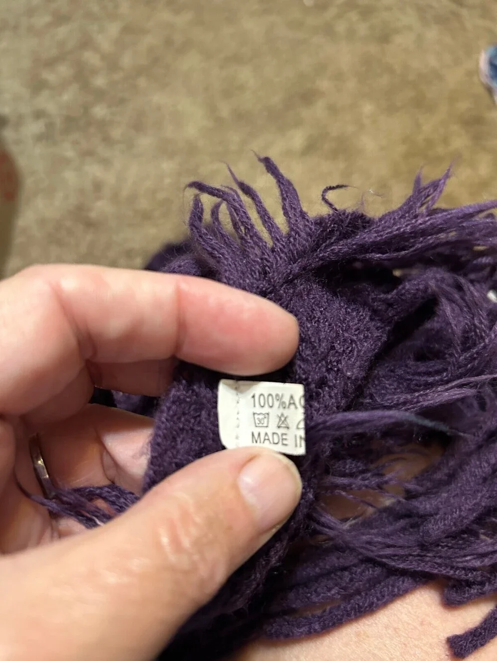 Purple Acrylic Knit Scarf with Fringe Detailing